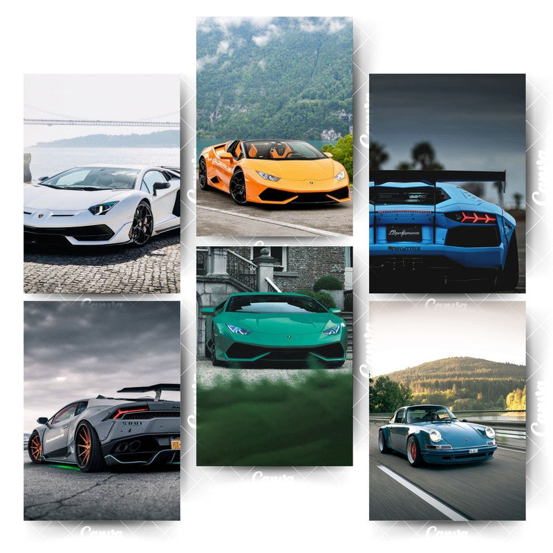 Pack of 6 A4 Car Posters – Premium Matte Finish Wall ArtHome & Office Room Décor-Glue Dots Included