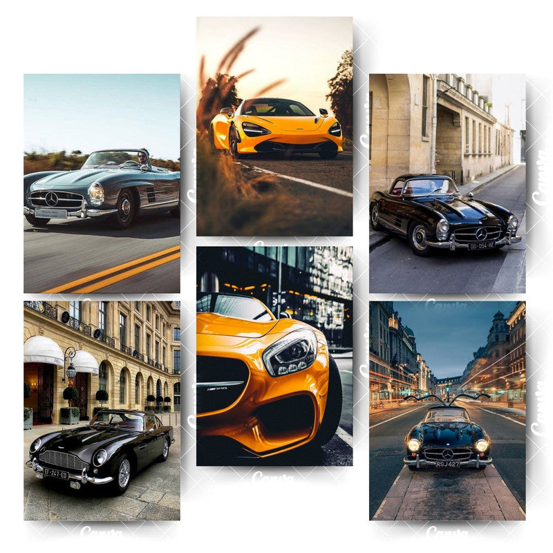 Pack of 6 Car Posters – Bright Prints with Matte Finish Wall ArtHome & Office Room Décor-Glue Dots Included