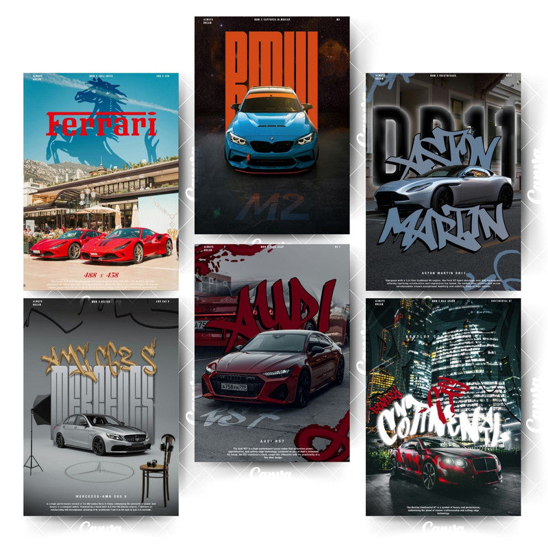 Car Posters Pack – 6 Designs That Capture Pure AdrenalineHome & Office Room Décor-Glue Dots Included