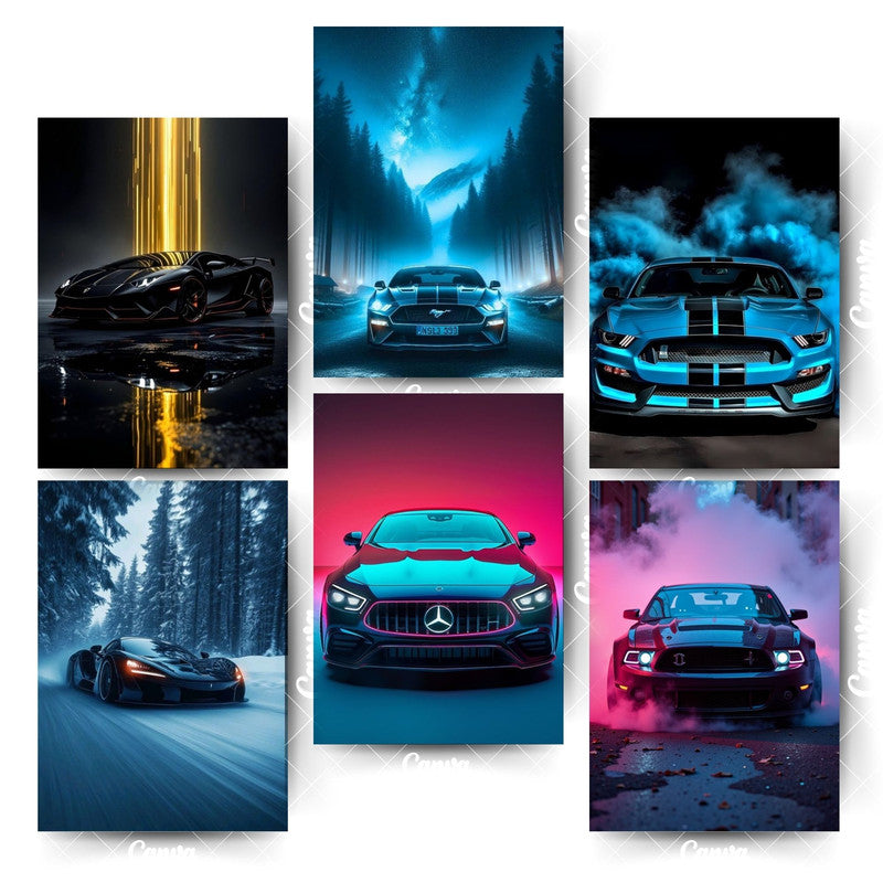 Car Poster Collection – 6 Premium Prints for Classy SpacesHome & Office Room Décor-Glue Dots Included