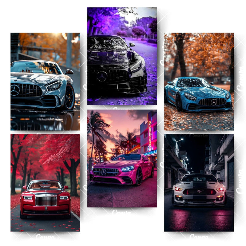 Pack of 6 Designer Car Posters – For Classy and Stylish HomesHome & Office Room Décor-Glue Dots Included