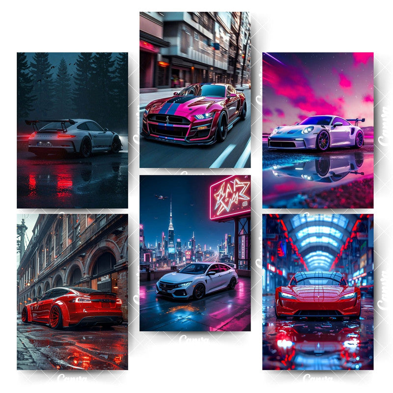 Car Poster Collection – 6 Masterpieces for True Auto LoversHome & Office Room Décor-Glue Dots Included