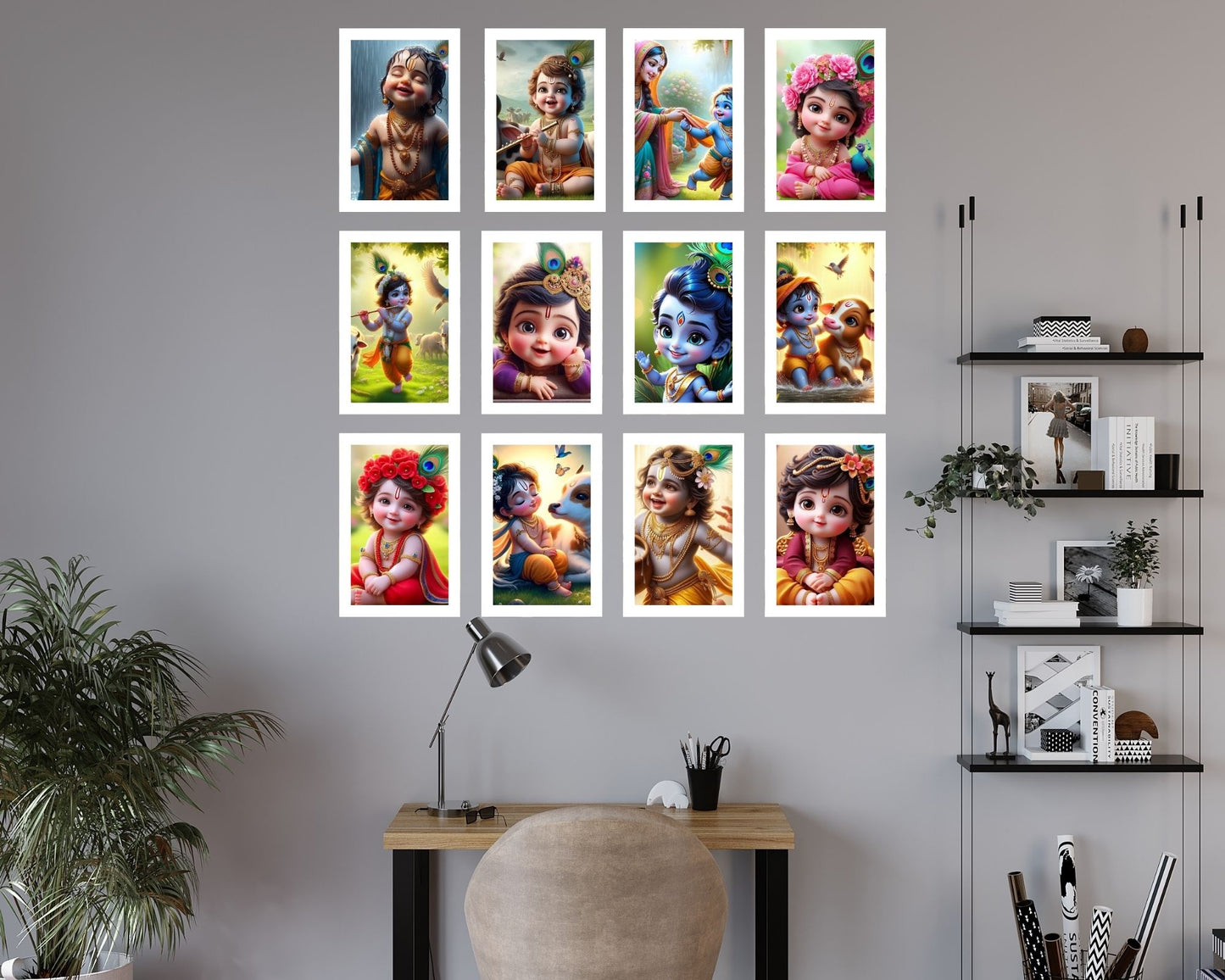Posters Inc Set of 12 Positive Vibes Bal Krishna Wallpaper Sticker, Cute Baby Poster for Pregnant Women, HD Quality Print on 300 GSM A4 Sized 8 * 12 Inch, Glue Dots Included, Baby God Posters for Home Decoration