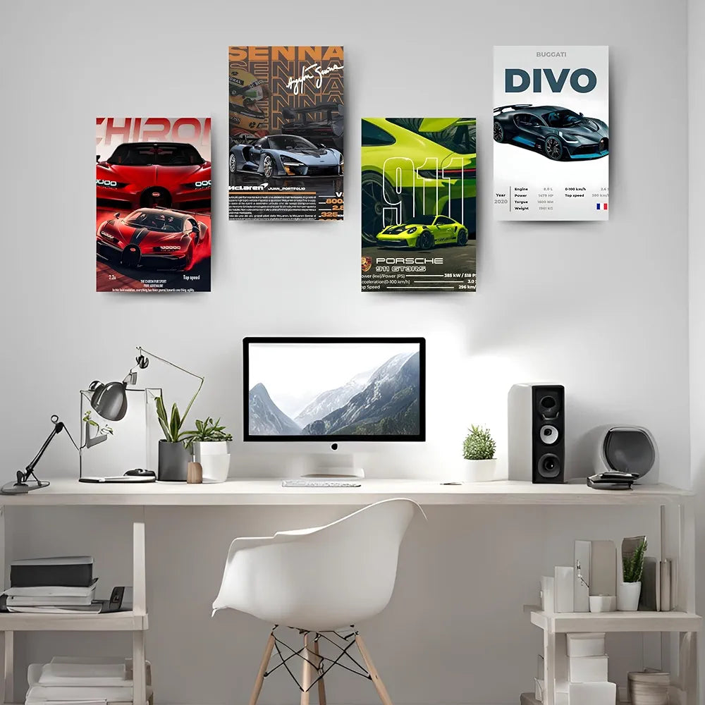 Posters Inc A4 Super Cars Poster Pack of 6 - Room Decor Aesthetic Stuff, Wall Stickers For Home Decoration of Living Room, Bedroom & Office For Motor Sport Enthusiasts - With Glue Dots
