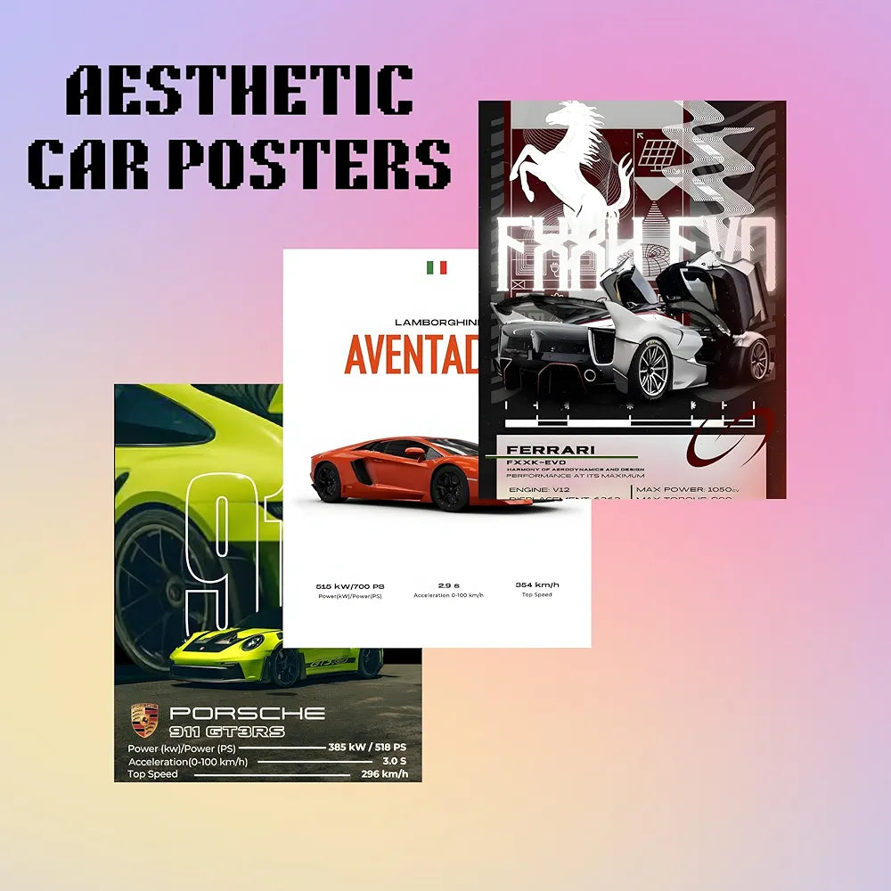 Posters Inc A4 Super Cars Poster Pack of 6 - Room Decor Aesthetic Stuff, Wall Stickers For Home Decoration of Living Room, Bedroom & Office For Motor Sport Enthusiasts - With Glue Dots
