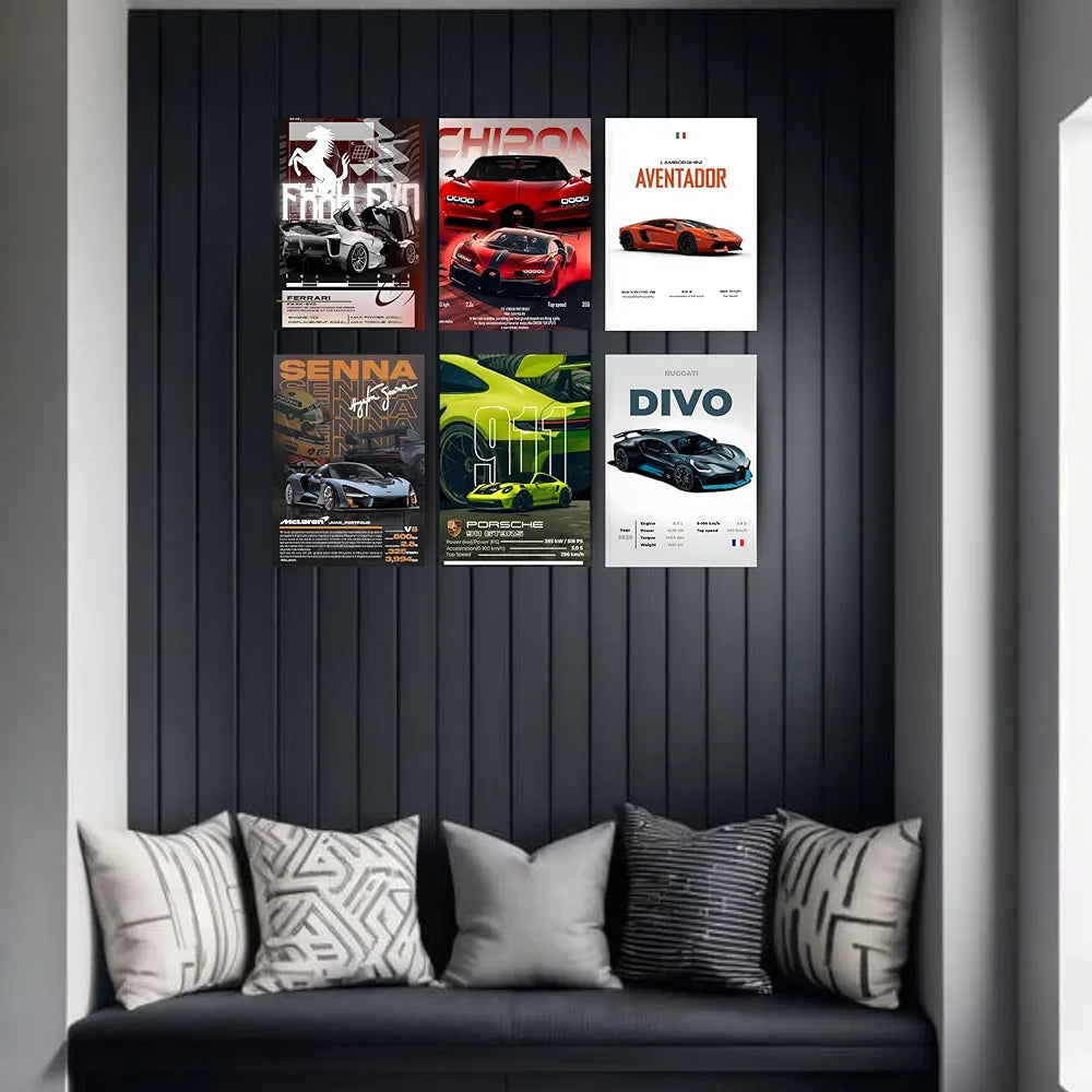Posters Inc A4 Super Cars Poster Pack of 6 - Room Decor Aesthetic Stuff, Wall Stickers For Home Decoration of Living Room, Bedroom & Office For Motor Sport Enthusiasts - With Glue Dots