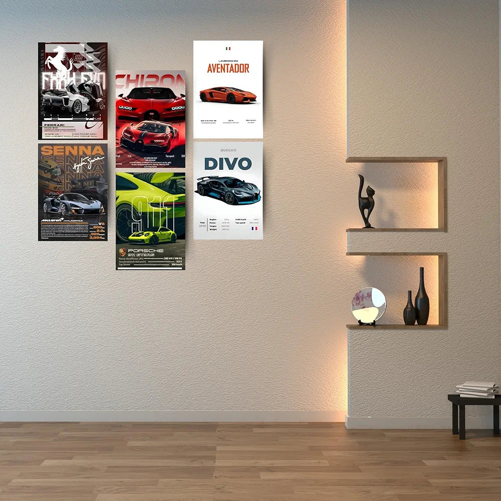 Posters Inc A4 Super Cars Poster Pack of 6 - Room Decor Aesthetic Stuff, Wall Stickers For Home Decoration of Living Room, Bedroom & Office For Motor Sport Enthusiasts - With Glue Dots