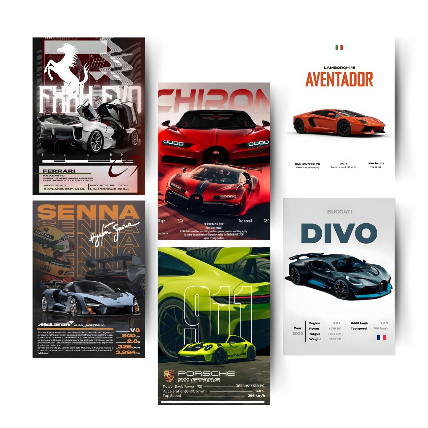 Posters Inc A4 Super Cars Poster Pack of 6 - Room Decor Aesthetic Stuff, Wall Stickers For Home Decoration of Living Room, Bedroom & Office For Motor Sport Enthusiasts - With Glue Dots