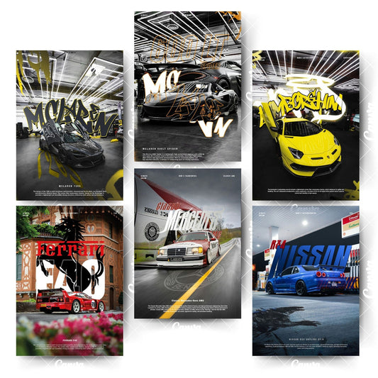 Pack of 6 A4 Car Posters – Modern, Classic & Vintage Supercar Wall Art, Premium 300 GSM Matte Finish, Bright Colors, Home & Office Room Décor-Glue Dots Included
