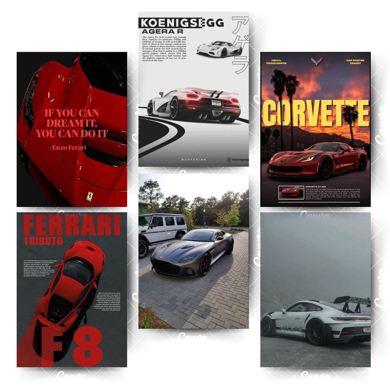 Supercar Poster Pack – 6 Designs Fueled by PowerHome & Office Room Décor-Glue Dots Included