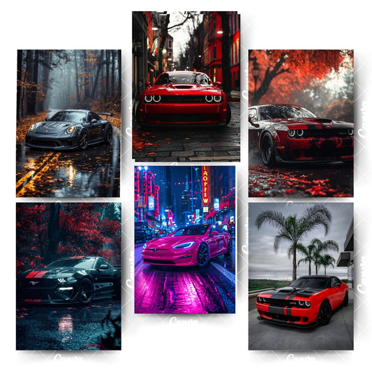 Pack of 6 Car Posters – Elevate Your Space with Automotive ArtHome & Office Room Décor-Glue Dots Included