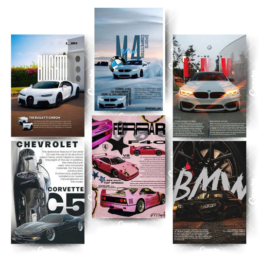A4 Car Poster Collection – 6 Iconic Machines Captured in Bold Art StyleHome & Office Room Décor-Glue Dots Included