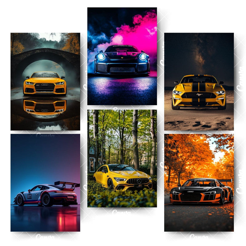 Pack of 6 Car Posters – Stylish Wall Decor for Car LoversHome & Office Room Décor-Glue Dots Included