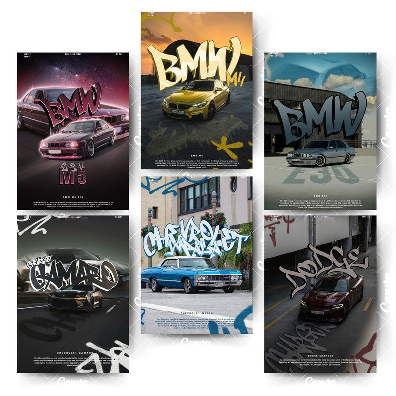 Premium Car Poster Pack – 6 Designs for Bedroom & OfficeHome & Office Room Décor-Glue Dots Included