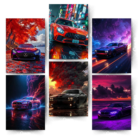Statement Car Wall Art Set – 6 Premium Posters for Modern InteriorsHome & Office Room Décor-Glue Dots Included