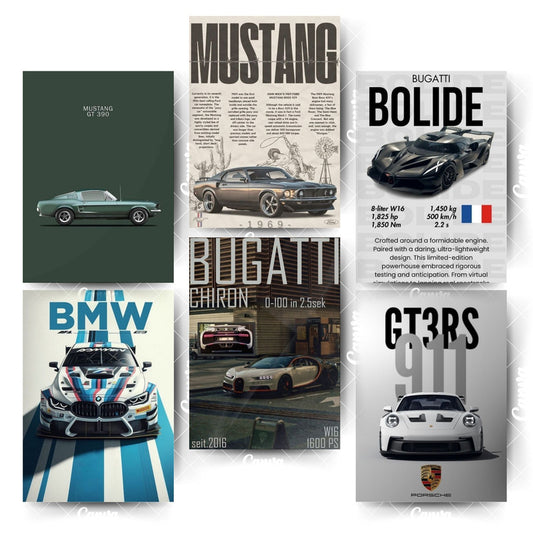 A4 Car Poster Pack – 6 Stylish Prints for Bold InteriorsHome & Office Room Décor-Glue Dots Included