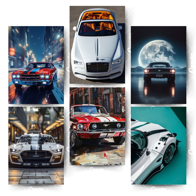 Premium Automotive Art Pack – 6 Posters for Luxury Wall DecorHome & Office Room Décor-Glue Dots Included
