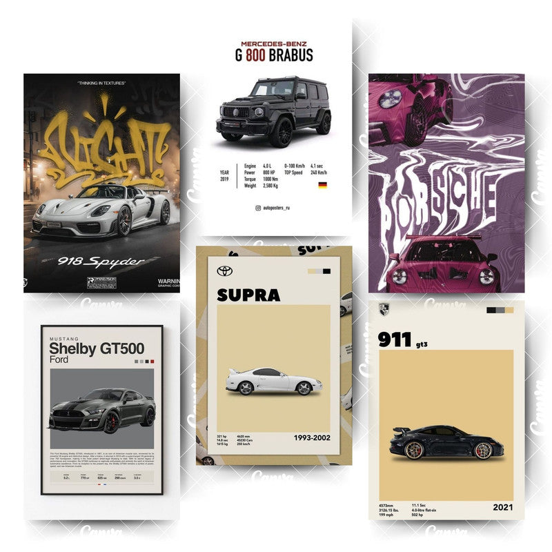 High-End Car Poster Set – 6 Prints of Pure ClassHome & Office Room Décor-Glue Dots Included