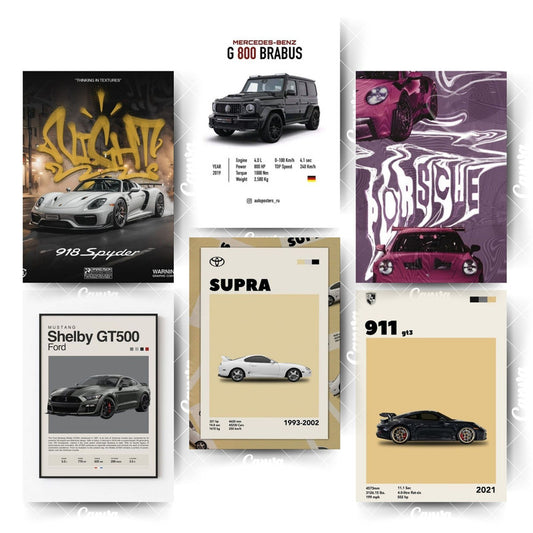High-End Car Poster Set – 6 Prints of Pure ClassHome & Office Room Décor-Glue Dots Included