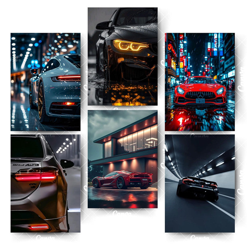 Car Wall Art Set – 6 A4 Posters for Stylish Room DecorationHome & Office Room Décor-Glue Dots Included