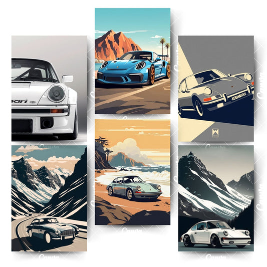 Pack of 6 Car Posters – Designed for Modern Aesthetic SpacesHome & Office Room Décor-Glue Dots Included