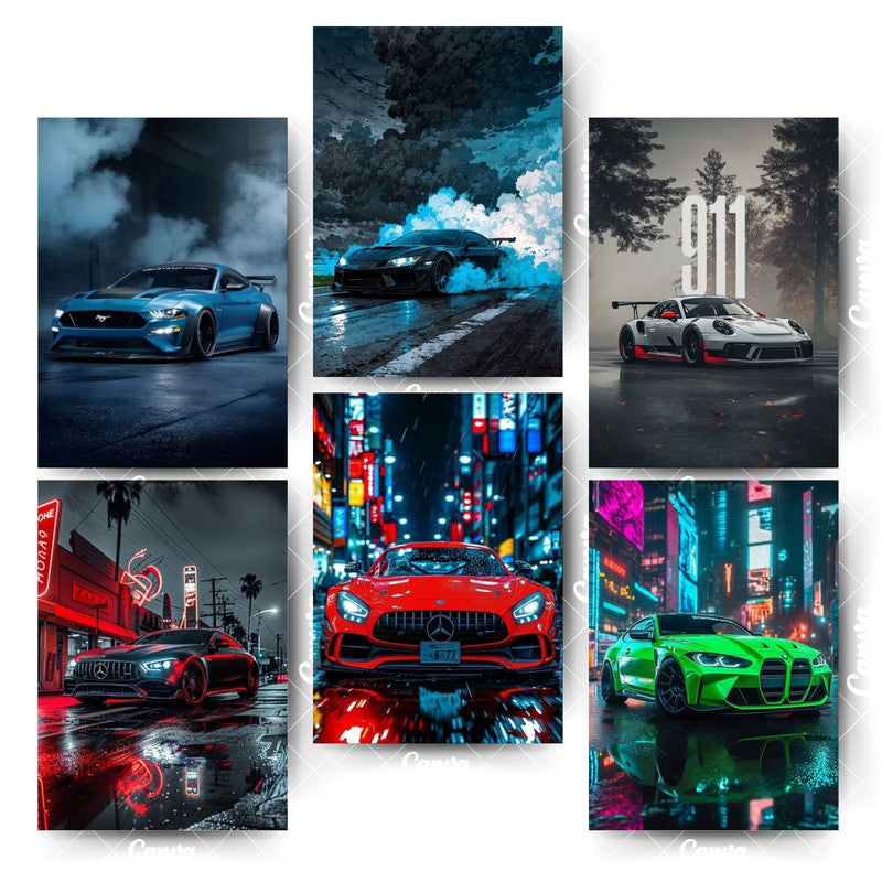 Pack of 6 Supercar Posters – Bring the Thrill of Speed to Your WallsHome & Office Room Décor-Glue Dots Included