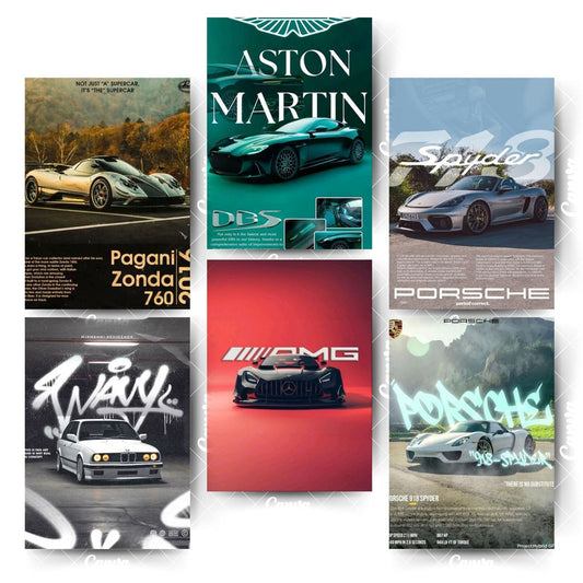 A4 Car Poster Set – 6 Premium Designs for Home & Office DecorHome & Office Room Décor-Glue Dots Included