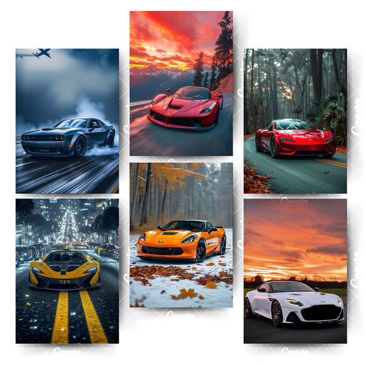 Pack of 6 Car Posters – Designed for Speed EnthusiastsHome & Office Room Décor-Glue Dots Included