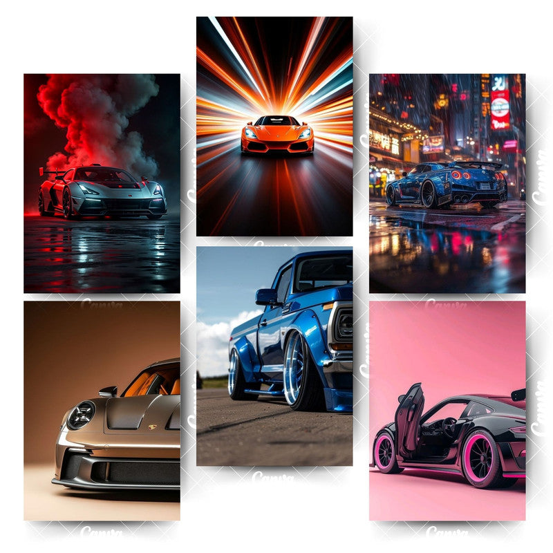 Pack of 6 Car Posters – Speed, Style & Performance in One SetHome & Office Room Décor-Glue Dots Included