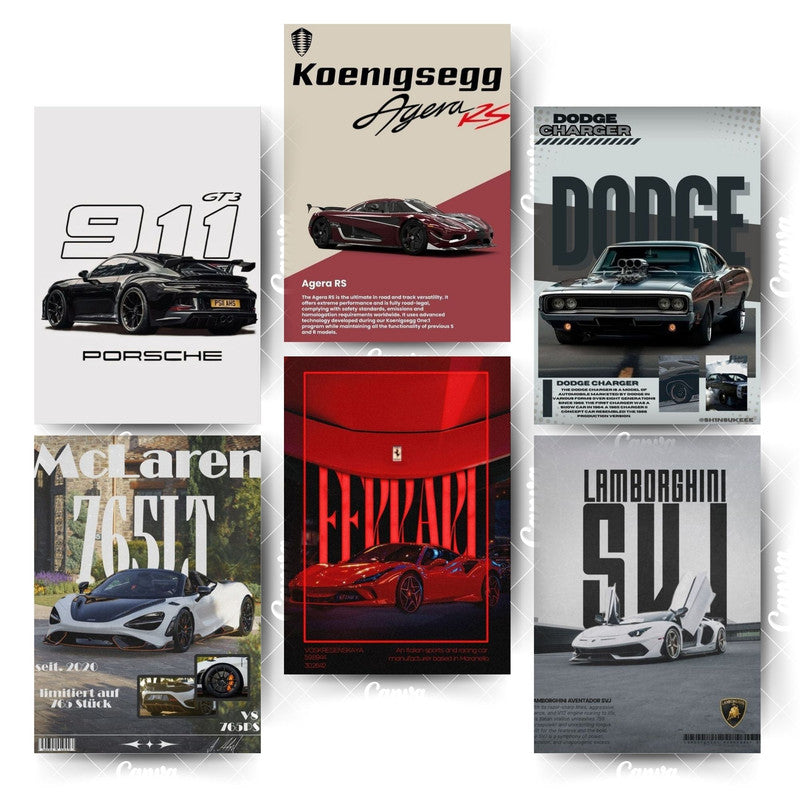 Pack of 6 Supercar Posters – Bold Designs for Bold SpacesHome & Office Room Décor-Glue Dots Included