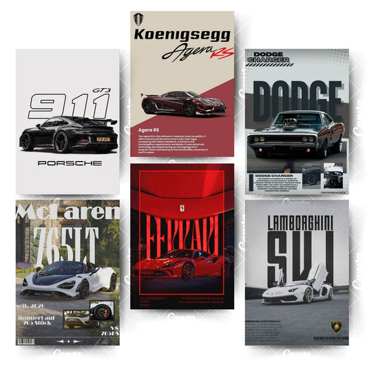 Pack of 6 Supercar Posters – Bold Designs for Bold SpacesHome & Office Room Décor-Glue Dots Included