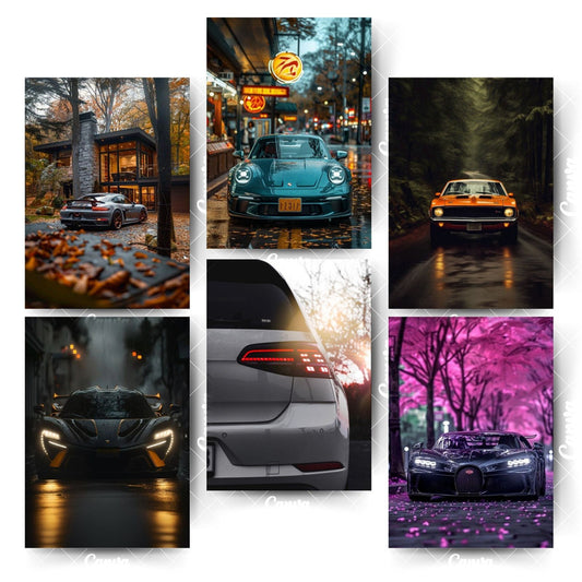 Car Posters Pack of 6 – Modern, Vintage & Sports Car DesignsHome & Office Room Décor-Glue Dots Included