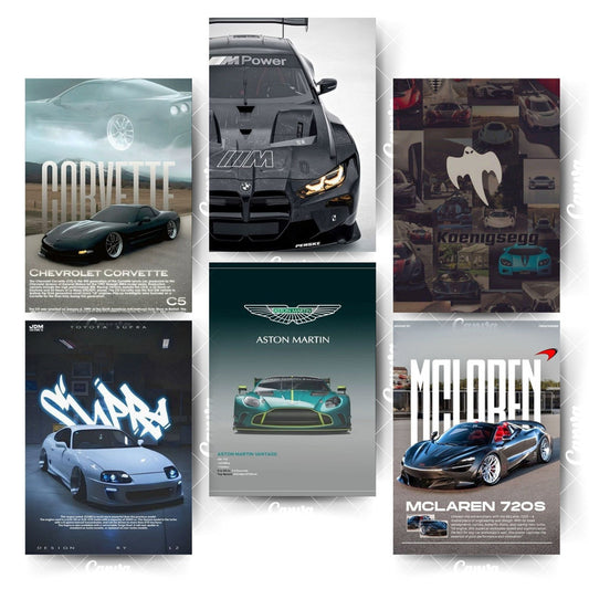 Pack of 6 Car Posters – Experience Speed on Every WallHome & Office Room Décor-Glue Dots Included
