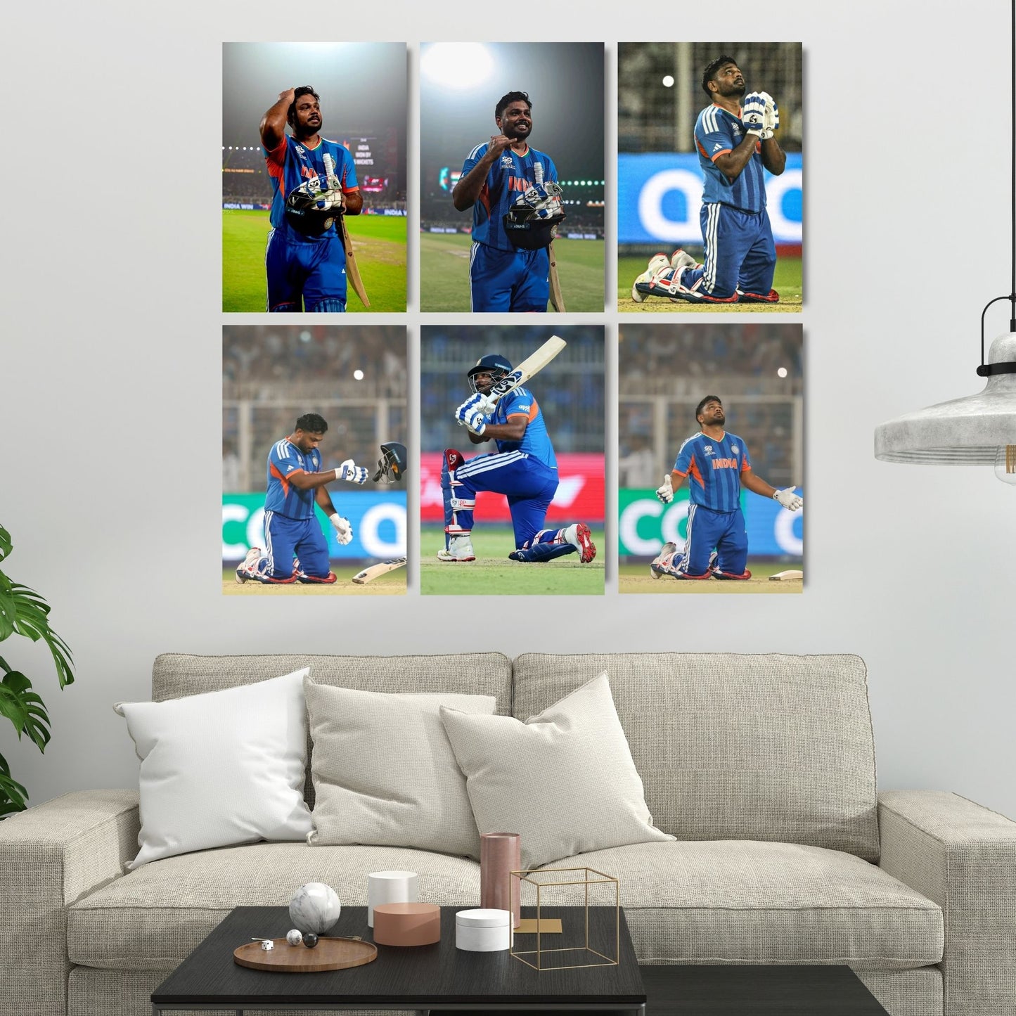 Aonami Sanju Samson Wall Poster Collection A4 Size Pack of 6 Posters Printed on 300 GSM Matte Paper Cricket Player Artwork Display Set Glue Dots Included Bedroom Study Area Sports Decor Wall Print