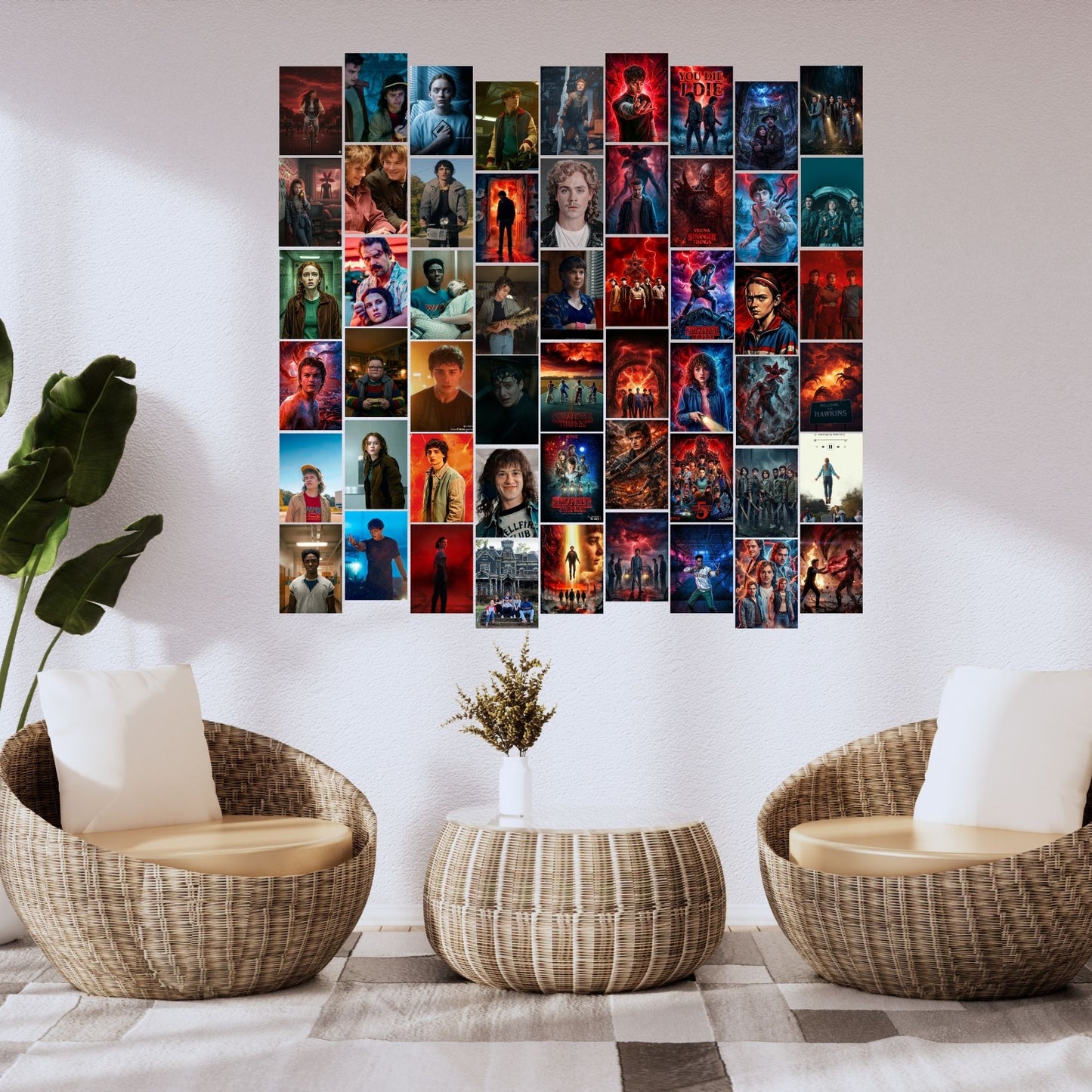 Aonami Stranger Things Character Wall Art Set A6 Size Pack of 54 Posters Printed on 300 GSM Matte Paper HD Graphic Prints Stranger Things Room Decor for Bedroom Study Area Hostel Wall Setup Glue Dots Included