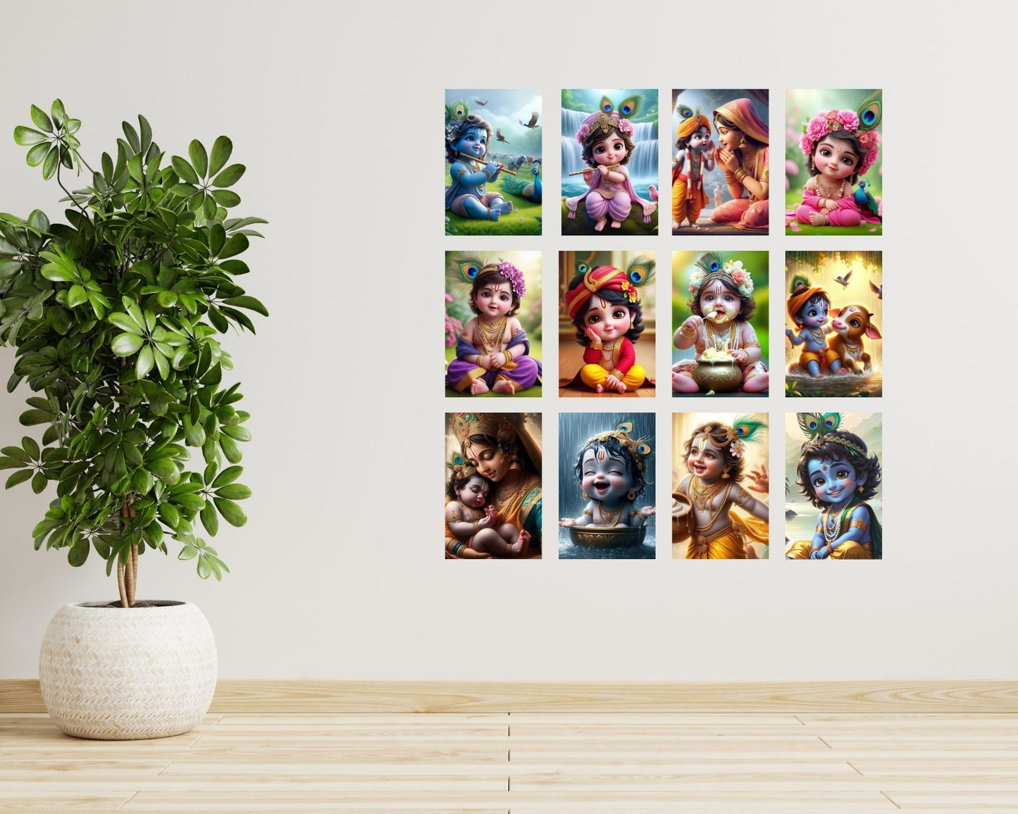 Posters Inc Set of 12 Bal Krishna Stickers – Bal Gopal Cute Baby Posters for Pregnant Women, Kanha Ji HD Print on 300 GSM A4 (8×12 Inch) with Glue Dots, God Posters for Wall Decor, Living Room, Bedroom