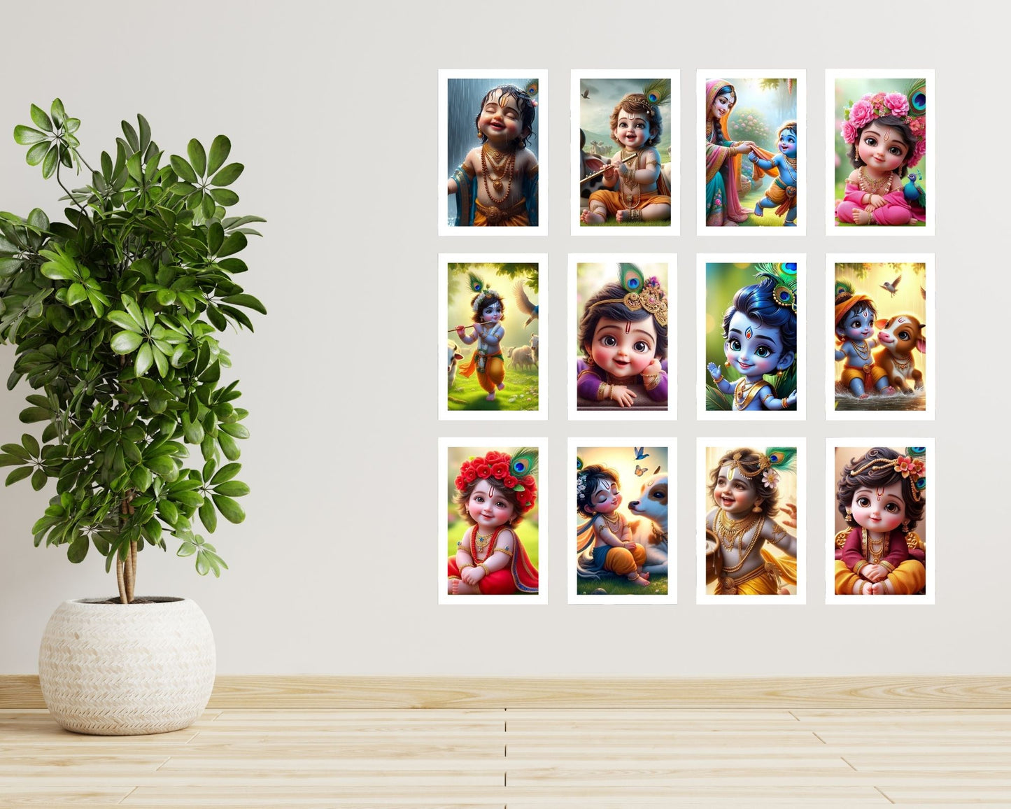 Posters Inc Set of 12 Positive Vibes Bal Krishna Wallpaper Sticker, Cute Baby Poster for Pregnant Women, HD Quality Print on 300 GSM A4 Sized 8 * 12 Inch, Glue Dots Included, Baby God Posters for Home Decoration
