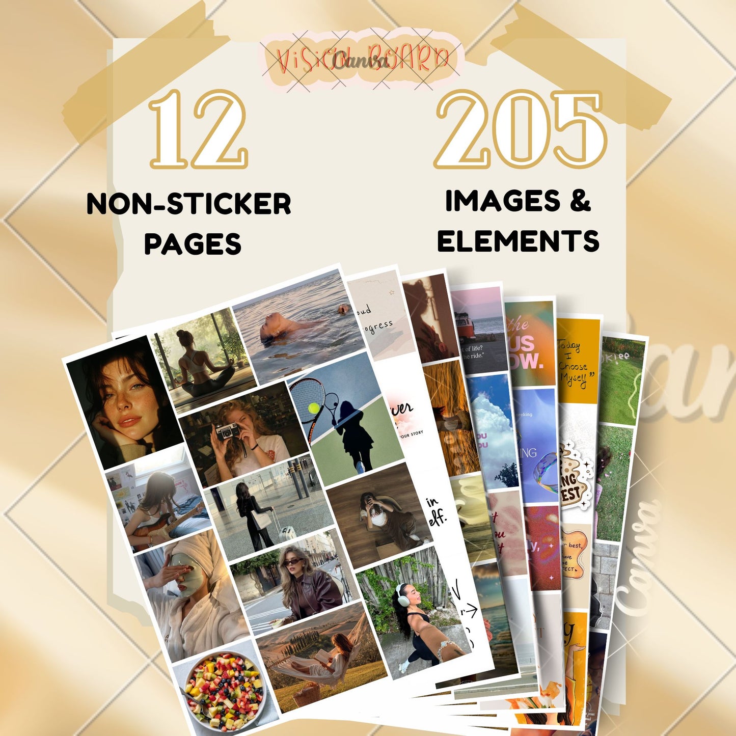 Posters Inc 2026 Vision Board for Manifestation Wall Posters 205 Elements Pack of 12 A4 Size 300 GSM Matte Paper for Wall, Bedroom, Hostel Motivational Life Goals Quotes Daily Affirmations Collection For Girls With Glue Dots Adhesive