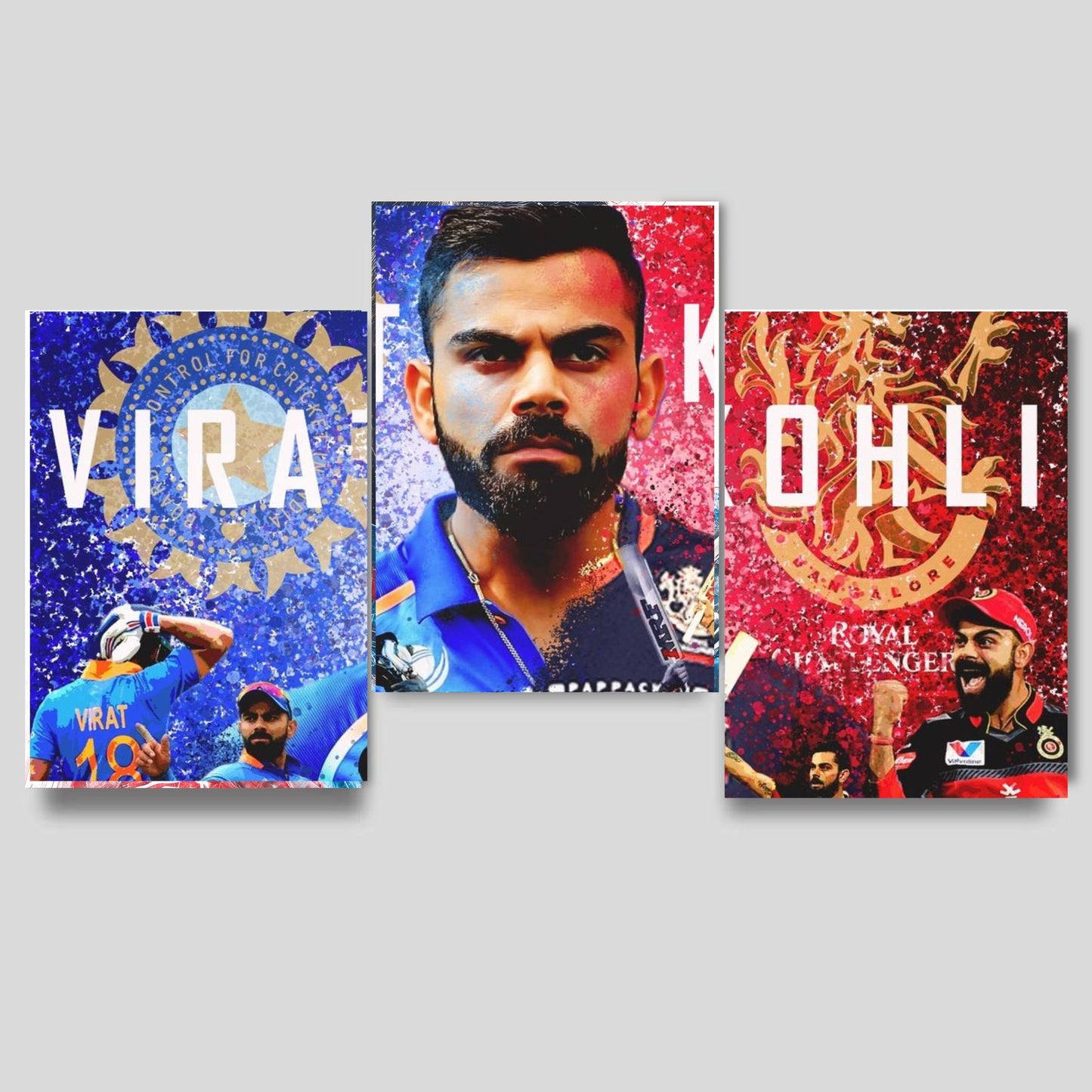 Posters Inc Virat Kohli RCB Split Wall Poster Set Of 4 300 Gsm Matte Paper A4 Size Pack Of 4 Posters Glue Dots Included For Room Decoration Cricket Theme Premium Print For Bedroom Office Decor