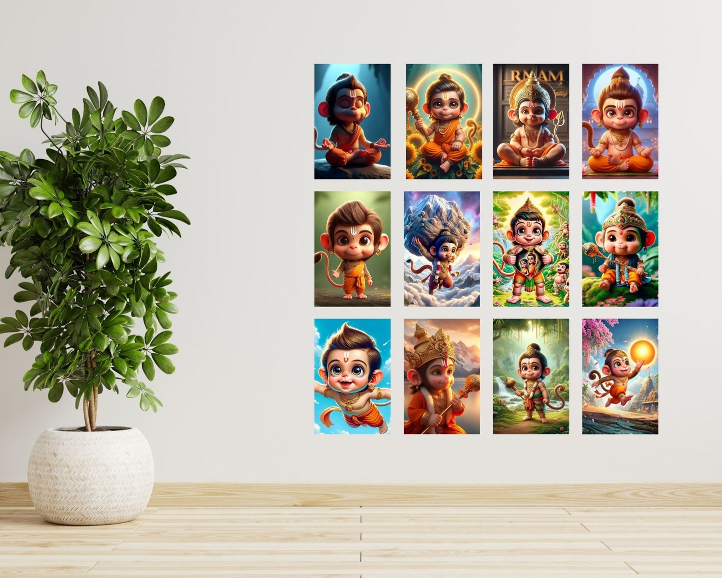Posters Inc Set of 12 Positive Vibes Baby Hanuman Ji Wallpaper Sticker, Cute Baby Poster for Pregnant Women, HD Quality Print on 300 GSM A4 Size 8 * 12 Inch, Glue Dots Included, God Posters for Wall