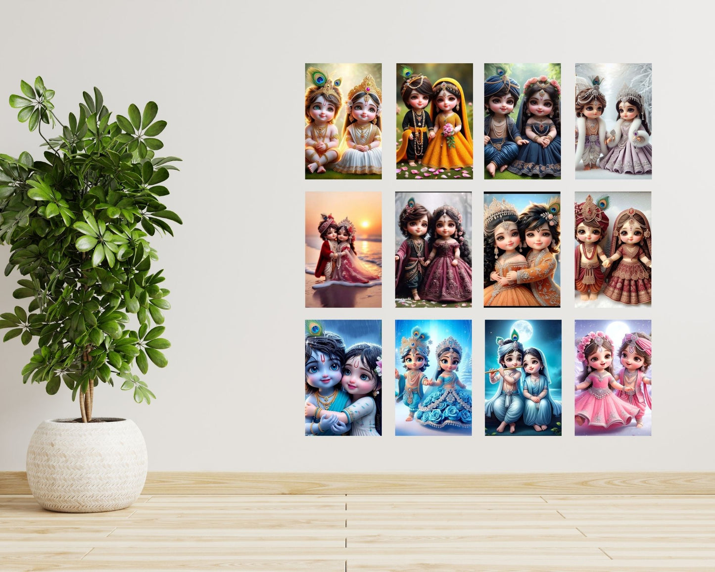 Posters Inc Set of 12 Positive Vibes Baby Radha Krishna Wallpaper Sticker, Cute Baby Poster for Pregnant Women Couple, HD Quality Print on 300 GSM A4 Size 8*12 Inch, Glue Dots Included, Baby God Radha Krishna Posters for Wall