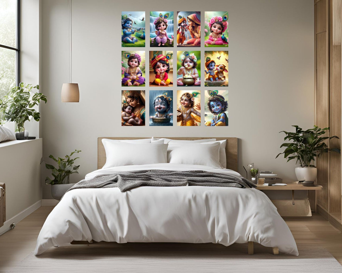 Posters Inc Set of 12 Bal Krishna Stickers – Bal Gopal Cute Baby Posters for Pregnant Women, Kanha Ji HD Print on 300 GSM A4 (8×12 Inch) with Glue Dots, God Posters for Wall Decor, Living Room, Bedroom