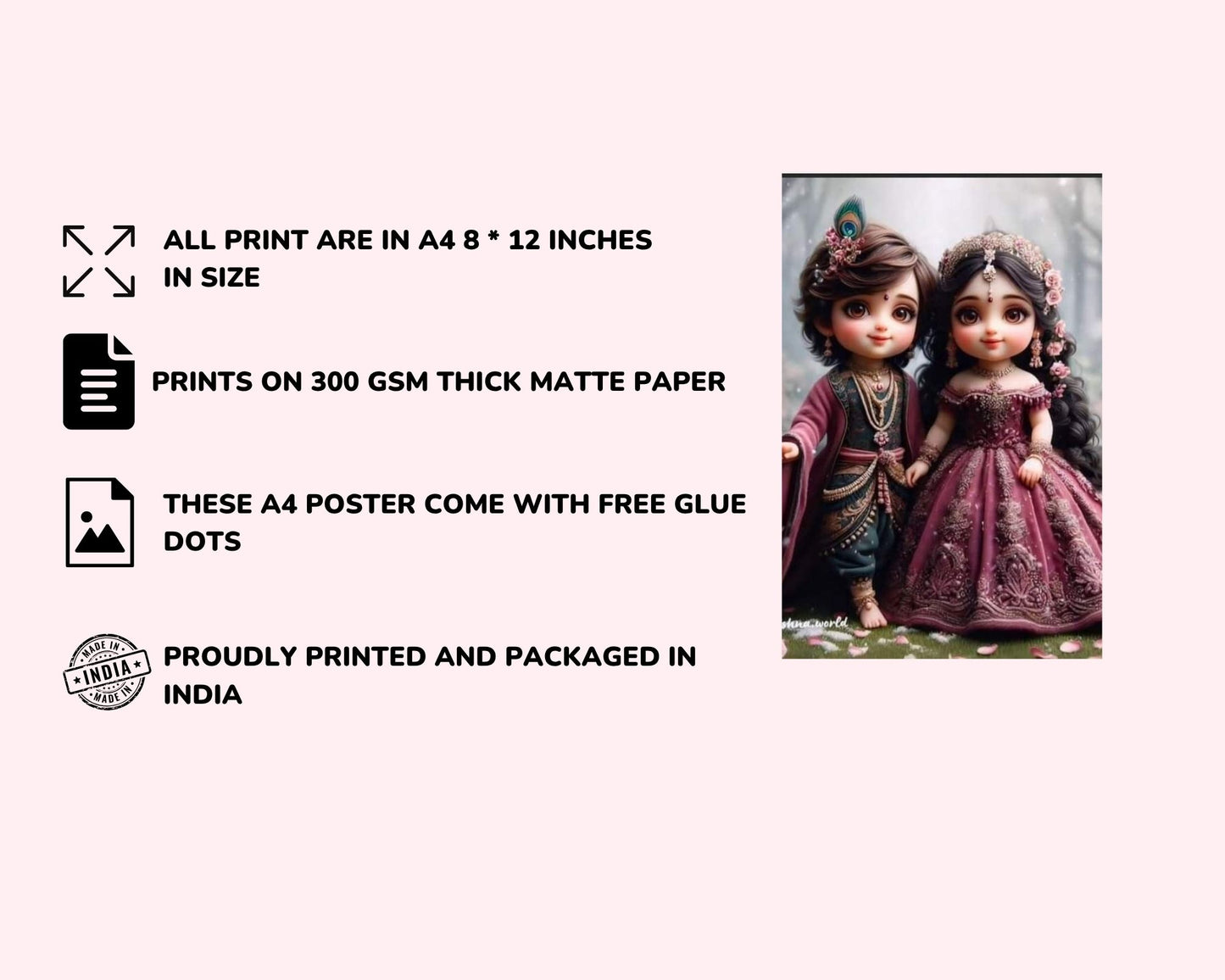 Posters Inc Set of 12 Positive Vibes Baby Radha Krishna Wallpaper Sticker, Cute Baby Poster for Pregnant Women Couple, HD Quality Print on 300 GSM A4 Size 8*12 Inch, Glue Dots Included, Baby God Radha Krishna Posters for Wall