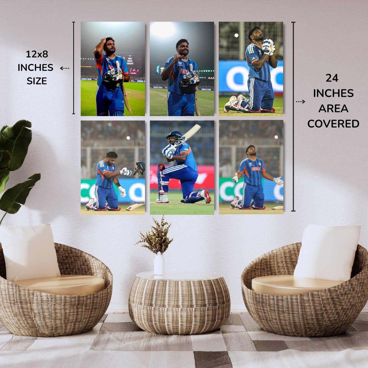 Aonami Sanju Samson Wall Poster Collection A4 Size Pack of 6 Posters Printed on 300 GSM Matte Paper Cricket Player Artwork Display Set Glue Dots Included Bedroom Study Area Sports Decor Wall Print