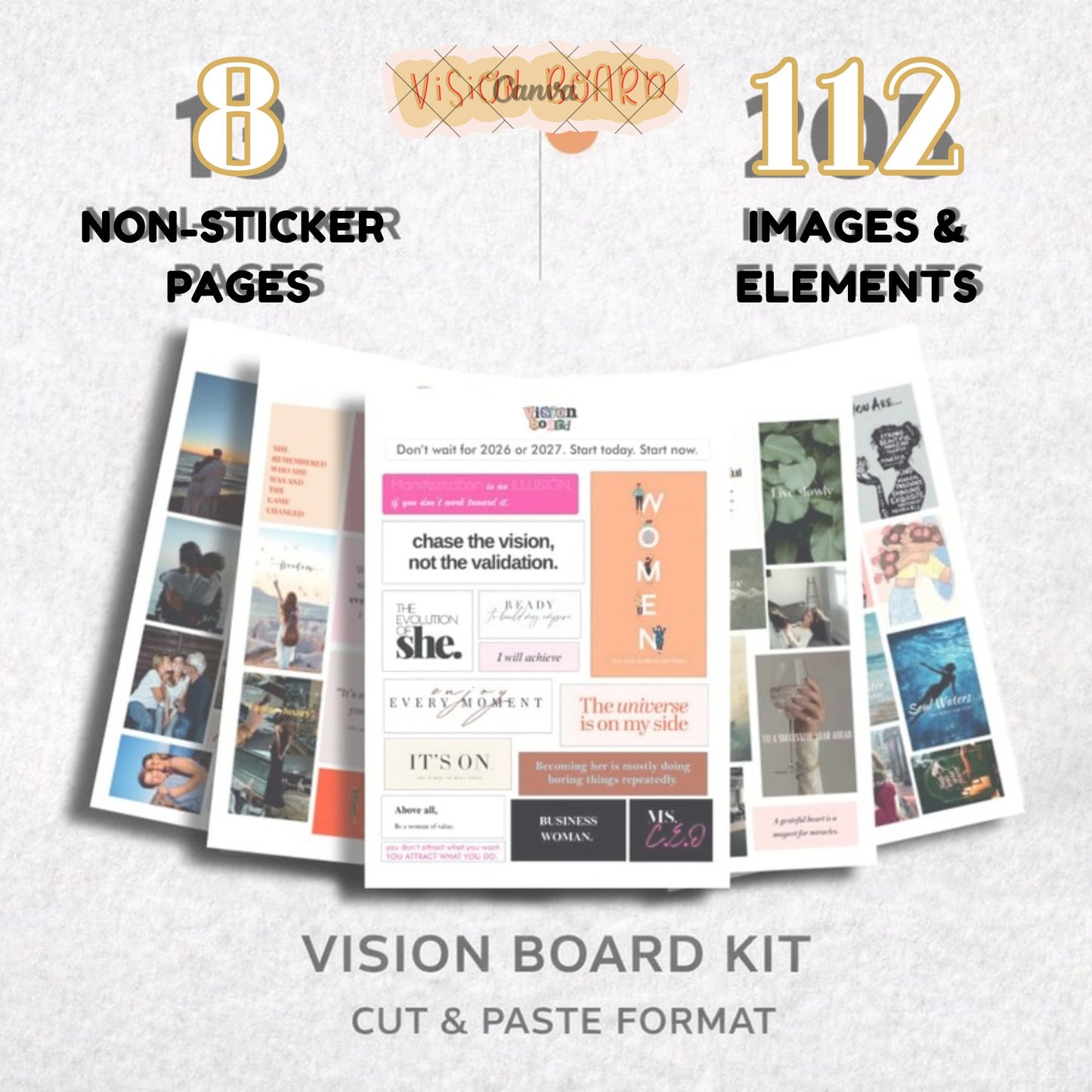 Posters Inc 2026 Vision Board for Manifestation Wall Posters 112 Elements Pack of 8 A4 Size 300 GSM Matte Paper for Wall, Bedroom, Hostel Motivational Life Goals Quotes Daily Affirmations Collection For Girls With Glue Dots Adhesive