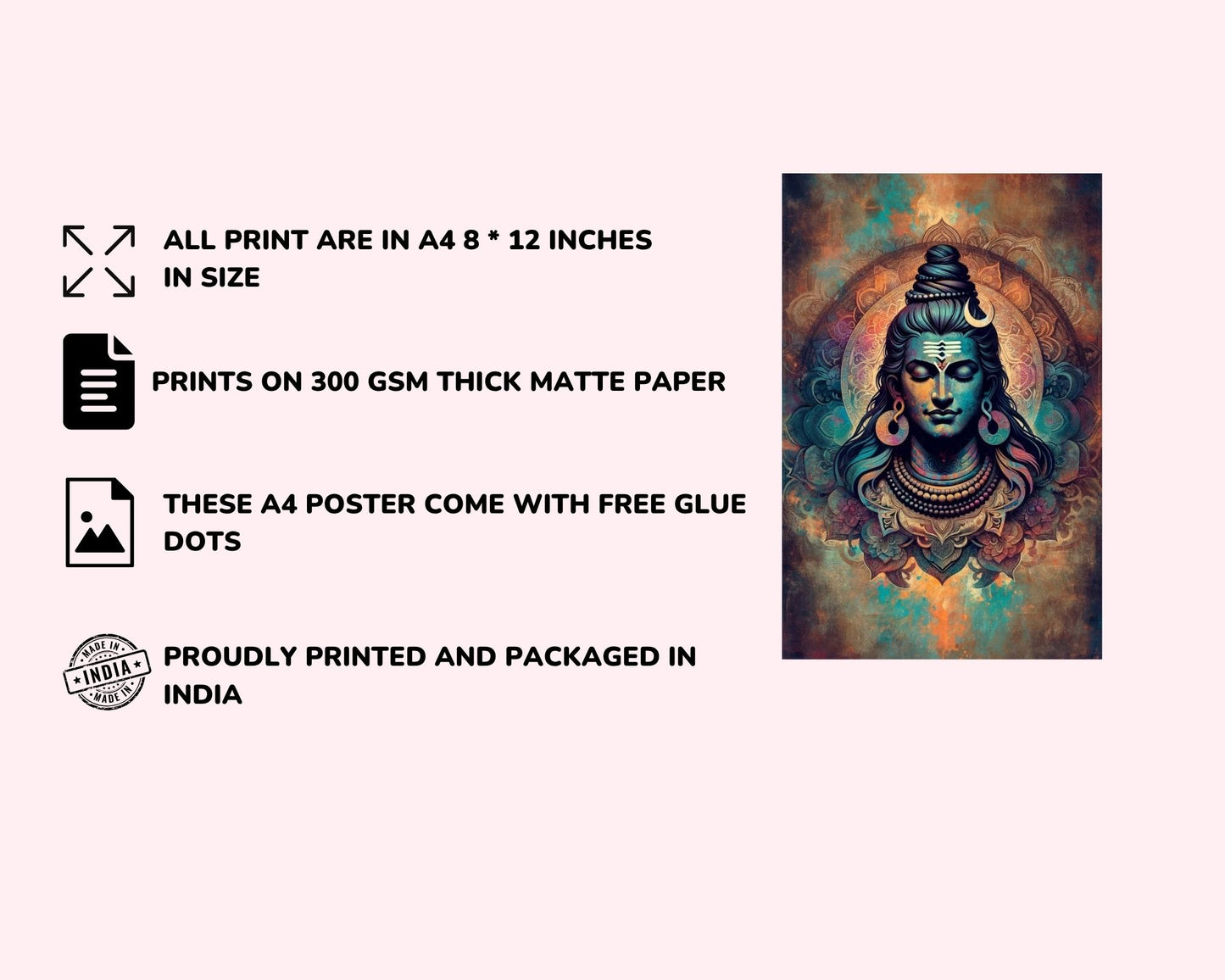 Posters Inc Set of 12 Aesthetic Lord Shiva Poster, Mahadev Wall Sticker for Pooja Room, HD Quality Print on 300 GSM A4 Size 8 * 12 Inch, Glue Dots Included, God Posters