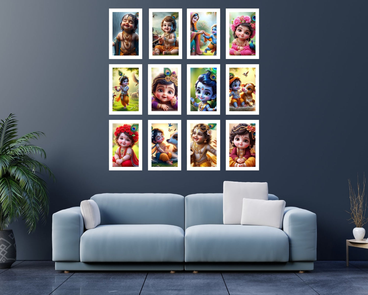 Posters Inc Set of 12 Positive Vibes Bal Krishna Wallpaper Sticker, Cute Baby Poster for Pregnant Women, HD Quality Print on 300 GSM A4 Sized 8 * 12 Inch, Glue Dots Included, Baby God Posters for Home Decoration