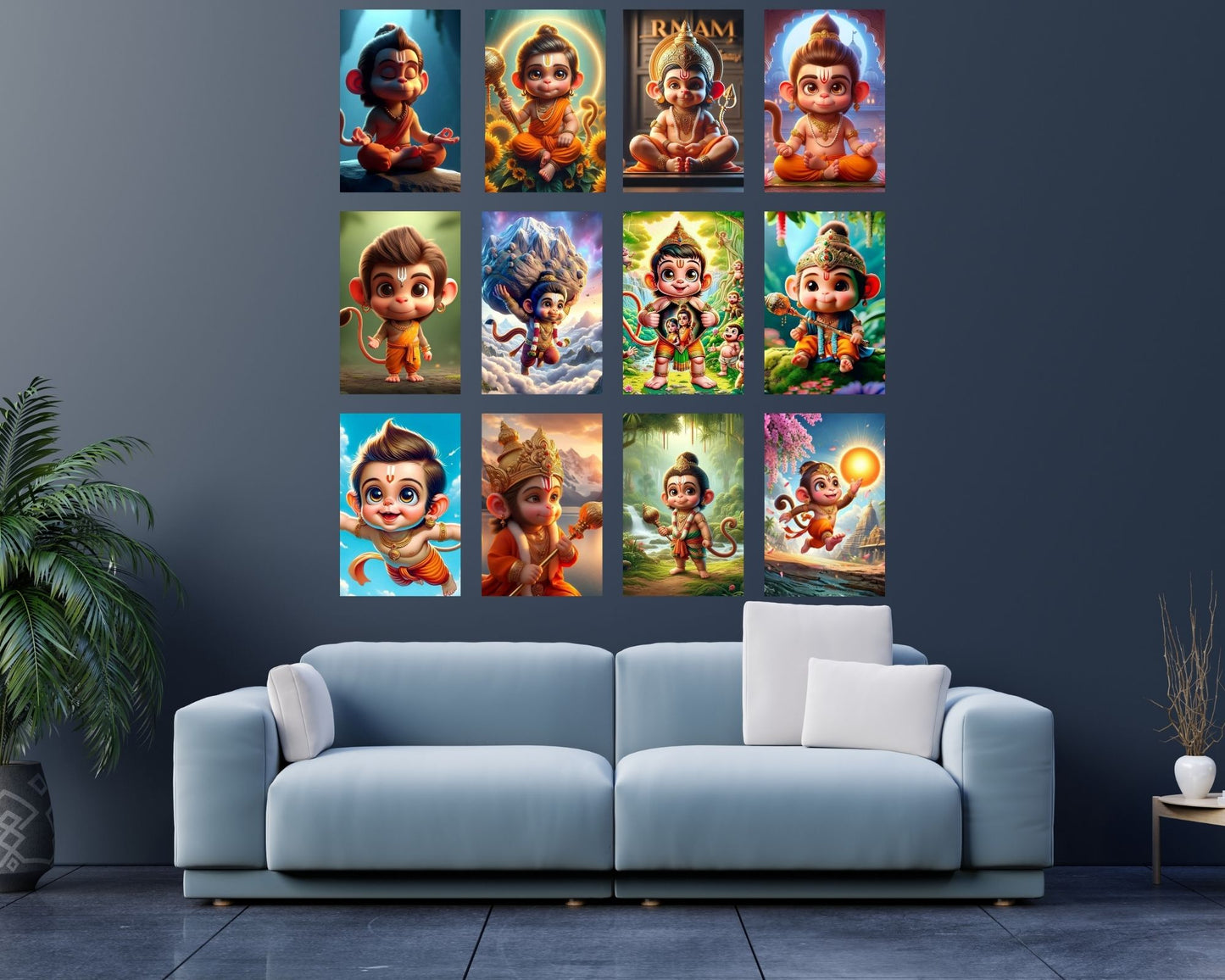 Posters Inc Set of 12 Positive Vibes Baby Hanuman Ji Wallpaper Sticker, Cute Baby Poster for Pregnant Women, HD Quality Print on 300 GSM A4 Size 8 * 12 Inch, Glue Dots Included, God Posters for Wall