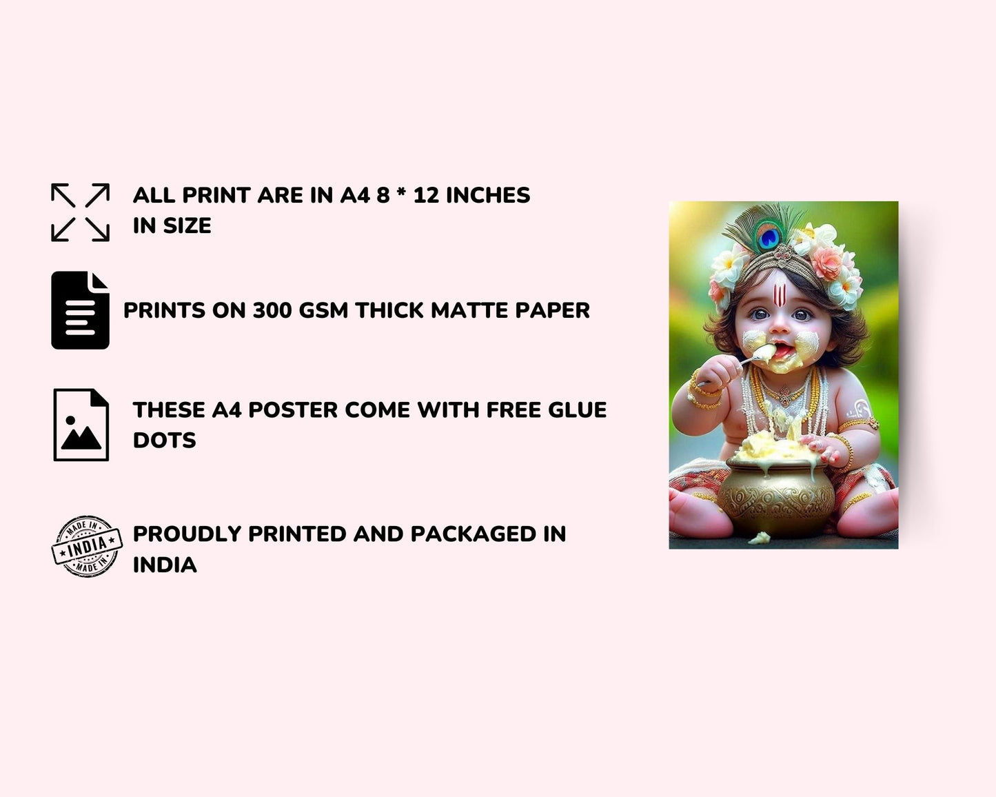 Baby God Bal Krishna Posters A4 Size Pack of 12 With Glue Dots
