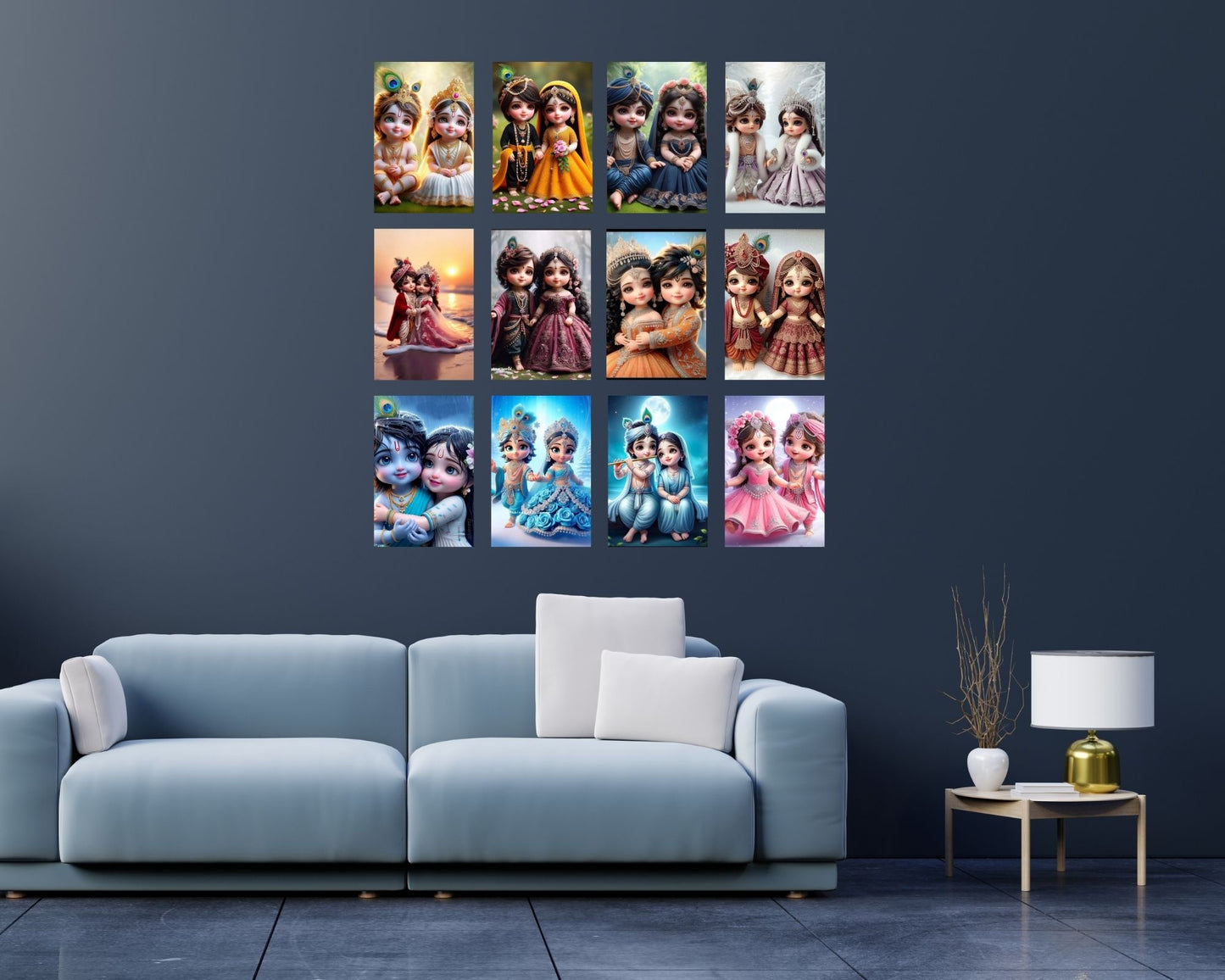 Posters Inc Set of 12 Positive Vibes Baby Radha Krishna Wallpaper Sticker, Cute Baby Poster for Pregnant Women Couple, HD Quality Print on 300 GSM A4 Size 8*12 Inch, Glue Dots Included, Baby God Radha Krishna Posters for Wall